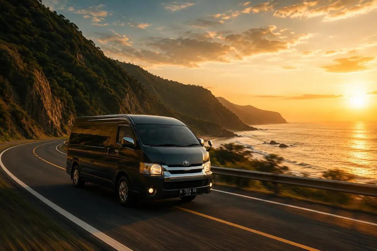 Travel van melintasi jalan pegunungan saat matahari terbenam